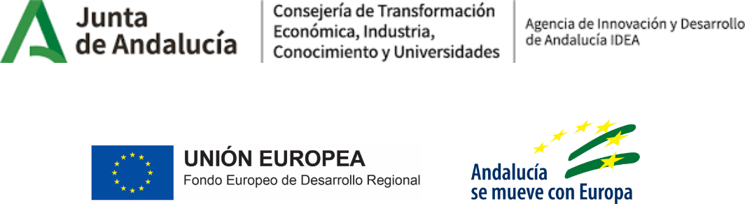 Logotipo de la Junta de Andalucía, Consejería de Transformación Económica, Industria, Conocimiento y Universidades, el logotipo de la Unión Europea, Fondo Europeo de Desarrollo Regional y el logotipo de Andalucía se mueve con Europa.